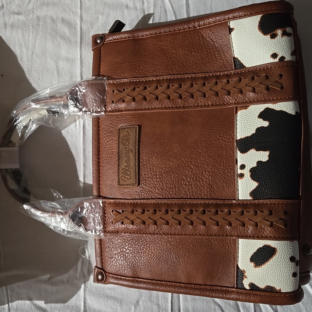 NWT Wrangler Brown Leather & Cow Print Tote Purse